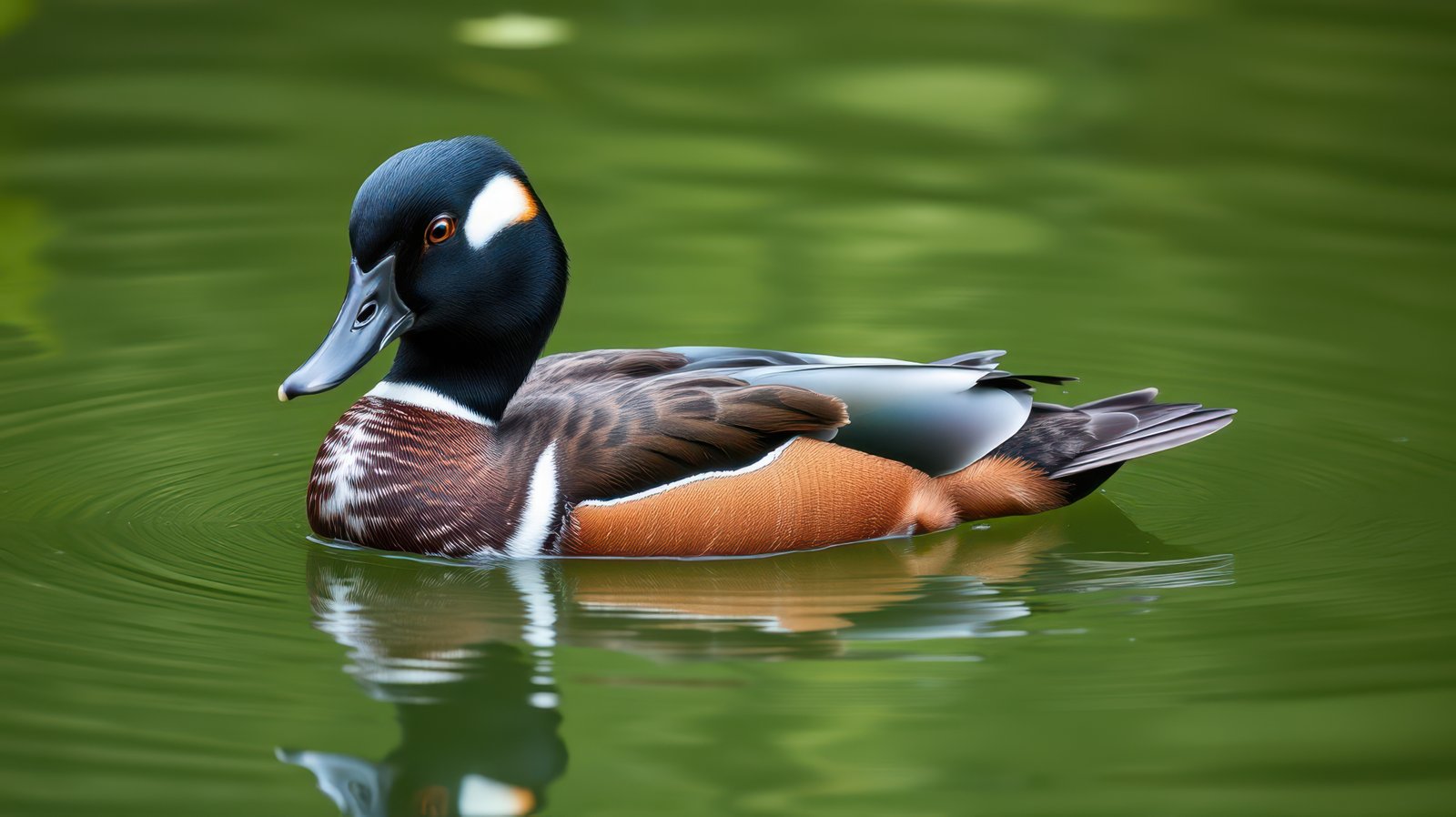Vibrant duck swimming gracefully on a serene green pond in a tranquil natural setting